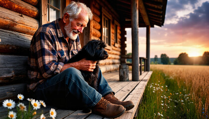 Elderly man smiling and petting his dog on porch at sunset  