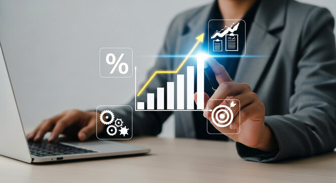 Professional showcasing impressive business growth with modern technology and rising financial graphs