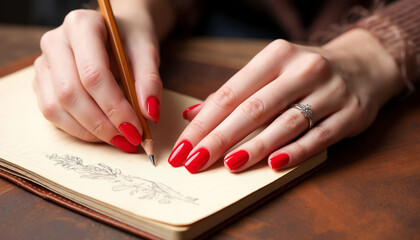 Woman with red nails writing in a notebook on a wooden table  