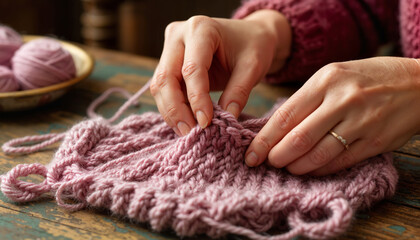 Woman knitting with pink yarn at a rustic wooden table  