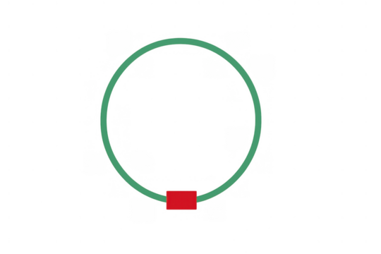 Green loop connecting to a small red square, creating a dynamic geometric concept with a transparent background - Powered by Adobe