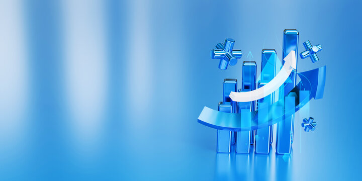 Blue up arrow business icon growth graph concept on 3d abstract background with illustration increase chart graphic sign. Success finance stock profit market progress digital technology presentation.