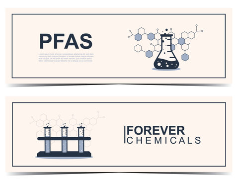 PFAS and Forever Chemicals flyers Set. PFAS and forever chemicals themes with laboratory glassware and hexagonal molecules. Ideal for research, education, and environmental topics. Vector illustration