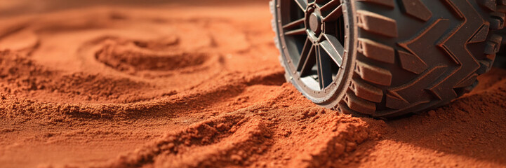 Rover wheel on red sand represents exploration in outer space and vision for future economy and growth. This journey across new planet surface symbolizes progress and discovery