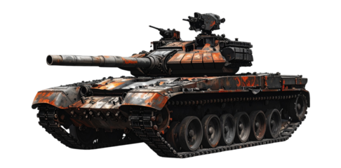 Burnt military tank on transparent background symbolizing conflict