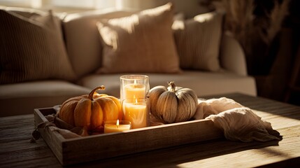 Cozy autumn living room hygge scene with pumpkins candles linen cloth a warm seasonal mood