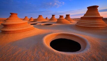 Intricate sandstone formations resemble ancient, eroded towers under a vibrant sunset sky