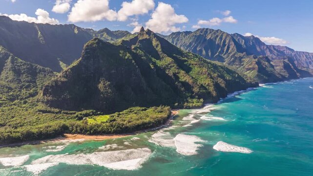 Napali Coast from a distance, sunny day, aerial hyperlapse, Kauai Hawaii 4K