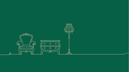 Vintage armchair, chest, and lamp in line art on emerald green background