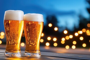 Two frosty glasses of golden beer on a wooden table at dusk, festive lights softly blurred in the background