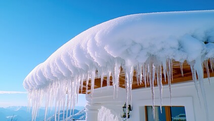 Long icicles hang from a snow-covered roofline, creating a beautiful winter scene under a clear blue sky