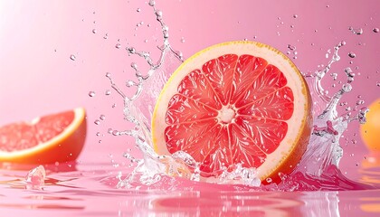 Fresh Grapefruit Slices Splashing in Water on Pink Background.