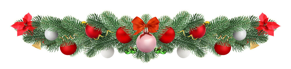 Christmas tree branches with festive ornaments isolated on white