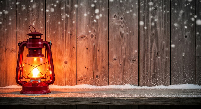 A red metallic lantern sits on wooden surface under snow, glowing warm light, representing winter holiday, festive season, and vintage decor