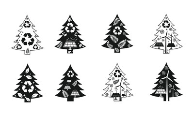 Stylized Christmas trees filled with sustainability icons like recycling, leaves, solar panels, and wind turbines in green and white silhouette vector