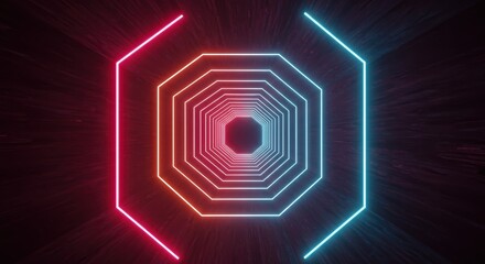 Symmetrical neon octagon shapes create an infinite receding tunnel effect with vibrant contrasting colors