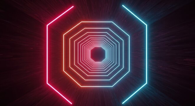 Symmetrical neon octagon shapes create an infinite receding tunnel effect with vibrant contrasting colors - Powered by Adobe