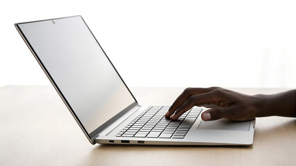 Hand reaching towards laptop with blank screen for technology mockups
