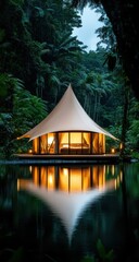 Luxury glamping tent nestled on tranquil lake, surrounded by lush rainforest at night