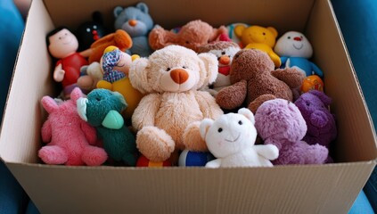 A cardboard box overflows with a delightful collection of soft, cuddly stuffed animals of various shapes, colors, and sizes, perfect for donation or a child's playroom