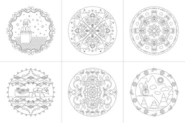 Mandalas. Christmas Theme. Coloring pages. Vector illustration. Set No. 2.