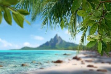 Tropical beach scene, framed by leaves, with a mountain in the hazy background