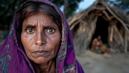 A weathered woman, her face etched with life's hardships, stares intensely from beneath a purple shawl, a rustic hut blurred in the background