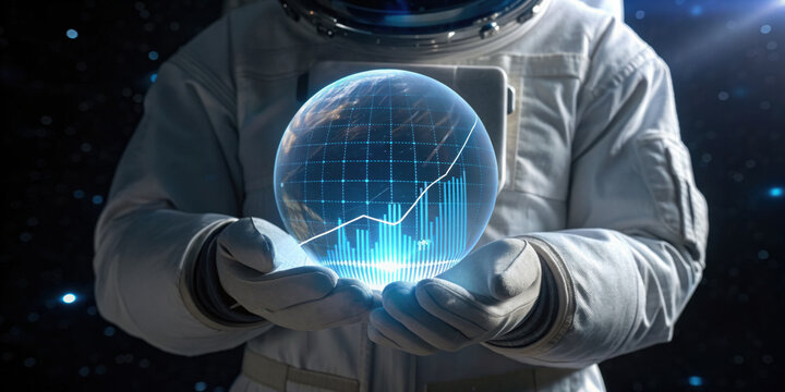 Hopeful astronaut in deep space holding holographic globe showing future of our global economy. blue financial chart indicates successful investment and business growth