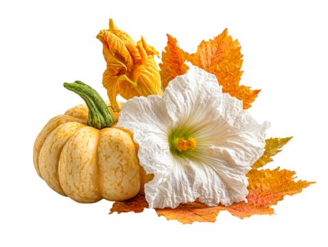 Small Tiger Stripe Pumpkin with Flower and Autumn Leaves, isolated on transparent cutout background