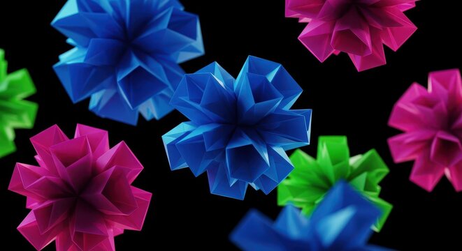 Numerous three dimensional spiky geometric shapes float against a dark background