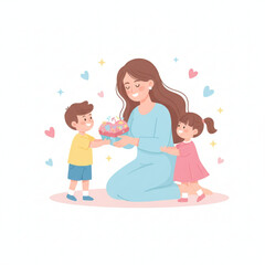 A sweet illustration of a mother receiving a gift from her two children, surrounded by hearts and smiles.