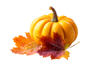 Miniature orange gourd with colorful autumn leaves, isolated on transparent cutout background