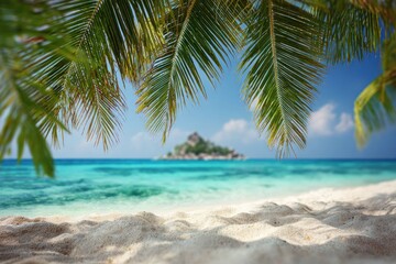 Tropical beach scene; palm fronds frame ocean view, small island in the distance