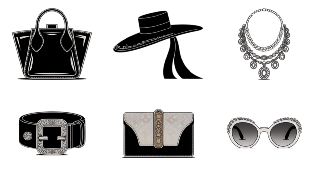 A collection of six black and white vector icons showing various women's fashion accessories, including a handbag, hat, necklace, belt, clutch, and sunglasses.