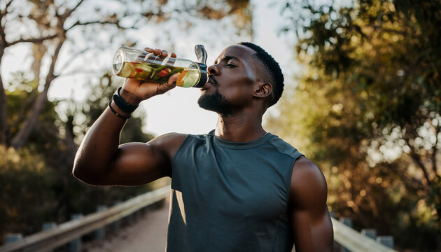 Athletic Black man hydrating with healthy fruit-infused water after an outdoor morning workout in the park - Powered by Adobe