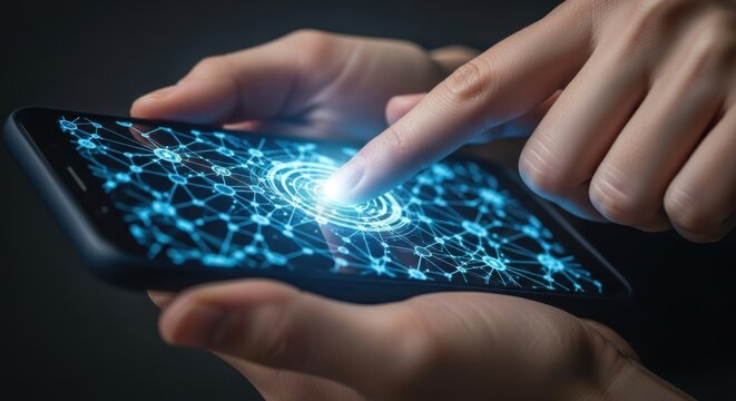 Fingerprint scan on futuristic digital network interface