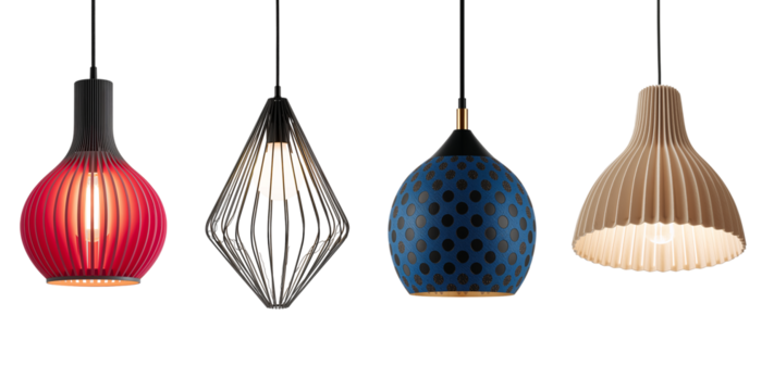 Set of different beautiful pendant modern lamps isolated on transparent background - Powered by Adobe