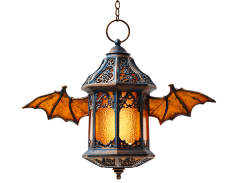 Ornate Hanging Lantern with Bat Wings and Amber Glass, isolated on transparent cutout background