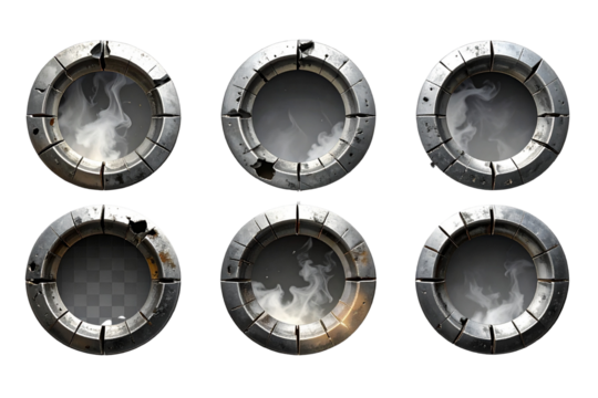 Set of six bullet holes showing metal damage on transparent background
