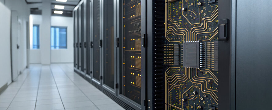 Server hardware in data center network provides digital space for information and cloud computing technology supporting global economy growth and innovation
