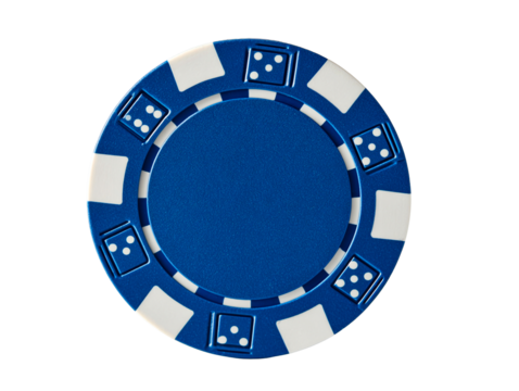 Blue gambling chip with white squares and dice emblems, isolated on transparent cutout background