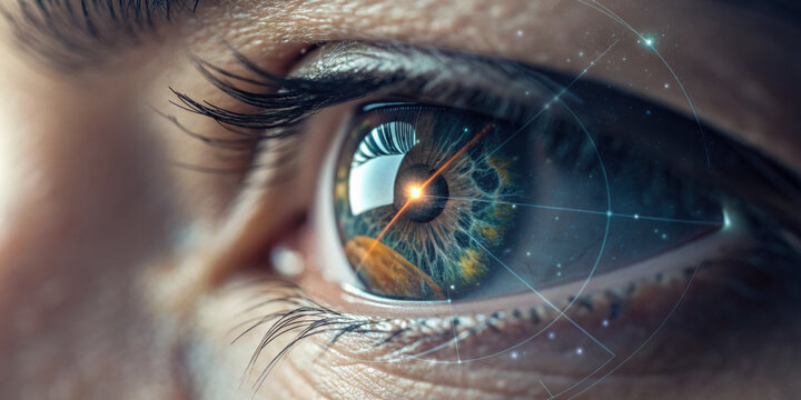 Focused human eye reflects futuristic digital space vision for global economy growth. intense look shows connection to data analysis and advanced technology