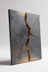 A gray square canvas with a prominent gold-filled crack, set at an angle