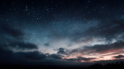 Fototapeta premium A vast starry night sky unfolds above a silhouetted landscape with colorful twilight clouds blending into the deep blue expanse