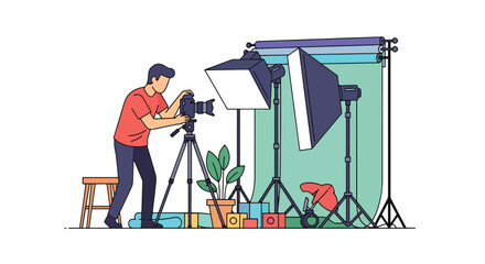 Flat vector photographer adjusting camera on tripod with softbox lights in studio environment. Clean creative workspace, solid vivid colors