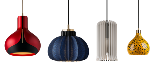 Set of different beautiful pendant modern lamps isolated on transparent background