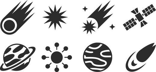 Space Icons Vector Set, Meteor, Planet, Satellite, and Solar Symbols in Black Silhouette.