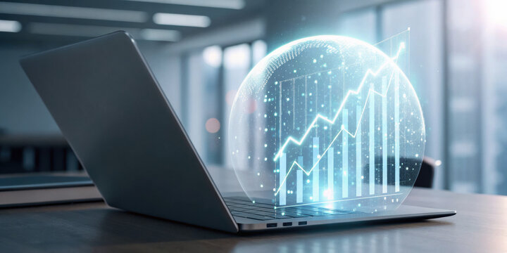 Futuristic hologram chart on laptop depicts global economy growth. Digital space for positive business finance, market investment, and stock data analysis for success