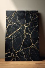 A rectangular artwork features a dark, crackled surface with intricate golden lines