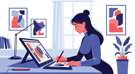 Flat vector illustrator using digital drawing tablet with floating graphic layers around. Creative digital art workflow